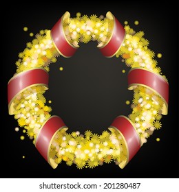Floral Frame with ribbons.  Black background. Round wreath  for wedding invitations and birthday cards