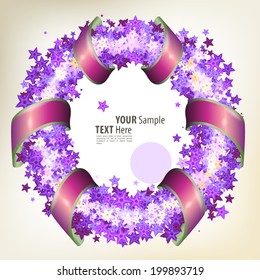 Floral Frame with ribbons. Round wreath  for wedding invitations and birthday cards
