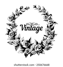 Floral Frame Rose . Cute retro flowers arranged un a shape of the wreath perfect for wedding invitations and birthday cards. Black and white
