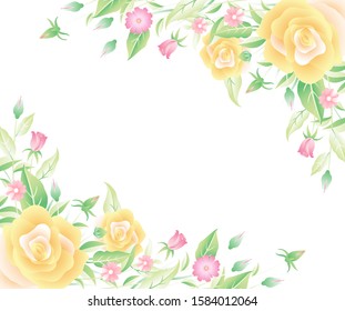 Floral frame, rose flower, leaves and grass watercolor style