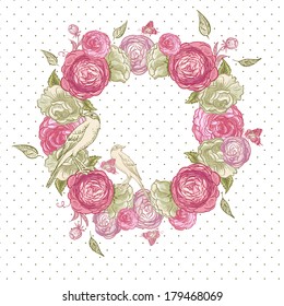 Floral frame with roses, birds and butterflies 