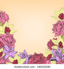 Floral frame with roses, lilies and orchids
