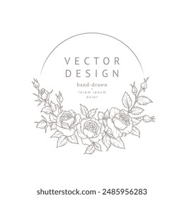 Floral frame of roses, wreath. Hand drawn floral botanical composition. Vintage decoration with elements of flowers, branches and leaves.  Vector illustration in line art style