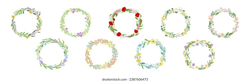 Floral Frame and Round Wreath with Blooming Twig Vector Set