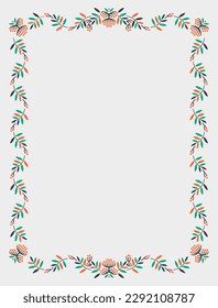 Floral frame of rowan bunches with leaves for the design and decoration of a postcard, poster, cover, menu. Wild berries in geometric folk style on a white background. Simplified styling.