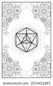 Floral frame with sacred geometry merkabah symbol. Bohemian spiritual design template. Black and white zentangle inspired image to color.