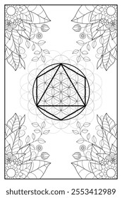 Floral frame with sacred geometry merkabah symbol. Bohemian spiritual design template. Black and white zentangle inspired image to color.