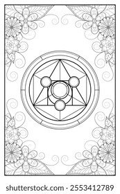 Floral frame with sacred geometry philosopher stone symbol. Bohemian spiritual design template. Black and white zentangle inspired image to color.