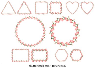 Floral frame set for celebration design with pink flowers. Romantic Vector template. Wedding invitation elements. Six shape collections - round, square, heart, rectangle, heaxagon, triangle.