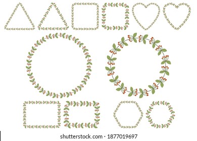 Floral frame set for celebration design with rowan berries branches with leaves. Romantic Vector template. Six shape collections - round, square, heart, rectangle, heaxagon, triangle.