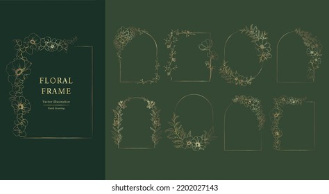 Floral Frame set . Hand drawn Botanical vector illustration. Gold flower wreath.