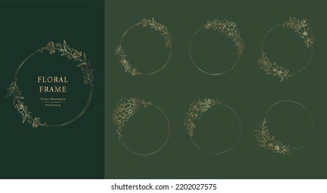 Floral Frame set . Hand drawn Botanical vector illustration. Round flower wreath. Gold color.