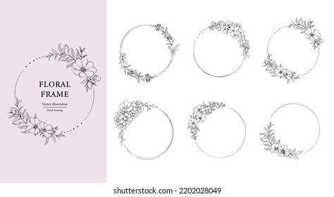 Floral Frame set . Hand drawn Botanical vector illustration. Round fower wreath Black and white.