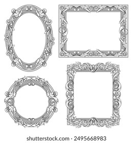 Floral frame set. Hand drawn baroque scroll decorative frames isolated vector illustration