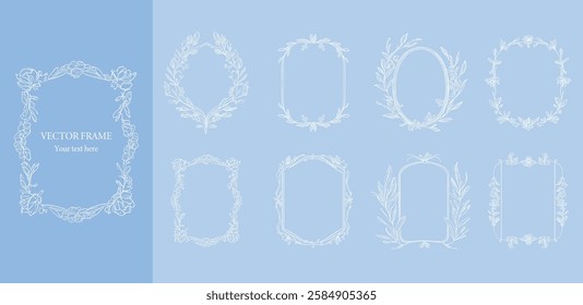 Floral Frame set . Hand drawn Botanical vector illustration. Flower line wreath white color. 