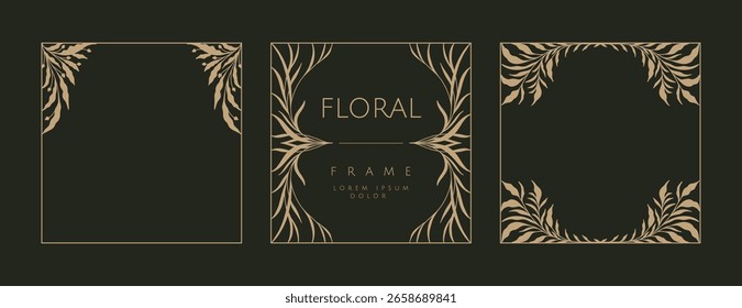 Conjunto de marco floral con decoración botánica dibujada a mano con flores y hojas. Ilustración vintage de Vector para póster, redes sociales, embalaje, invitación de boda, tarjeta de felicitación, menú, certificado 