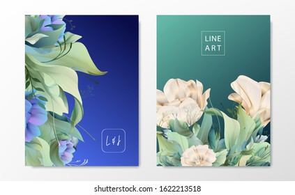 Floral frame set, line flowers, leaves, minimal vector, luxury background. 