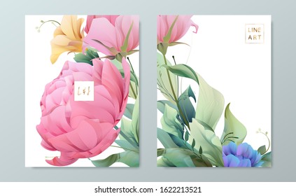 Floral frame set, line flowers, leaves, minimal vector, luxury background. 