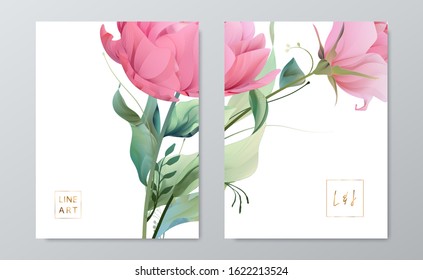 Floral frame set, line flowers, leaves, minimal vector, luxury background.  