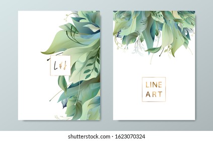 Floral frame set, line flowers, leaves, minimal vector, luxury background. Sketched wreath, floral, herbs garland. Vector simple line style.
