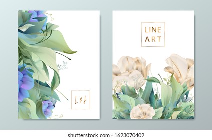 Floral frame set, line flowers, leaves, minimal vector, luxury background. Sketched wreath, floral, herbs garland. Vector simple line style.