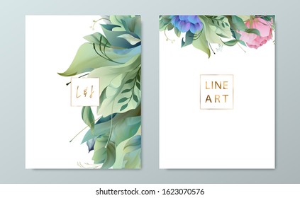 Floral frame set, line flowers, leaves, minimal vector, luxury background. Sketched wreath, floral, herbs garland. Vector simple line style.