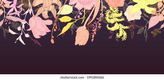 Floral frame set, line flowers, leaves, minimal vector, luxury background.