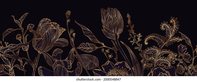 Floral frame set, line flowers, leaves, minimal vector, luxury background.