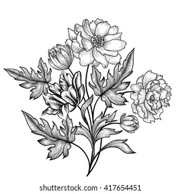 Floral frame set with summer flowers. Floral bouquet with rose. Vintage Greeting Card with flowers  Flourish border. Floral background.