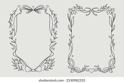 Floral frame set vintage style with ribbon bow and love element. line art style.