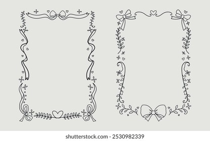 Floral frame set vintage style with ribbon bow and love element. line art style.
