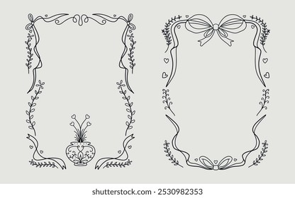 Floral frame set vintage style with ribbon bow, vase and love element. line art style.