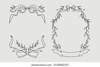 Floral frame set vintage style with ribbon bow and love element. line art style.