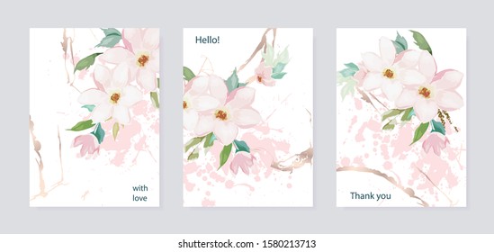 Floral frame set. Wedding cards with flowers and gold elements on white background. Vector illustration