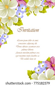 Floral frame of several flowers and leaves. For design of cards, invitations, posters, banners, greeting for birthday, Valentine's day, wedding, celebration. Vector illustration.