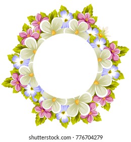 Floral frame of several flowers and leaves. For design of cards, invitations, posters, banners, greeting for birthday, Valentine's day, wedding, celebration. Vector illustration.