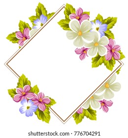 Floral frame of several flowers and leaves. For design of cards, invitations, posters, banners, greeting for birthday, Valentine's day, wedding, celebration. Vector illustration.
