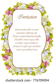 Floral frame of several flowers and leaves. For design of cards, invitations, posters, banners, greeting for birthday, Valentine's day, wedding, celebration. Vector illustration.