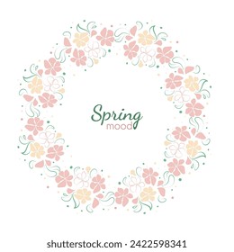 Floral frame in the shape of circle made of delicate flowers and leaves isolated on white background. Geometric layout for promo and greeting cards design. Editable vector template with copy space