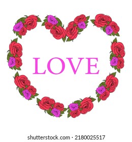 Floral frame in the shape of a Heart. Red and pink Rose flower love frame. Flowers ornament, decorative frame, floral ornament, decorative elements, spring, flowers, buds, leaf, plants.