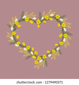Floral frame in the shape of a heart. Spring flowers. Yellow and white flowers of tulips, daffodils and mimosa on a pink background. Greeting card template. It can be used as an design element. Vector