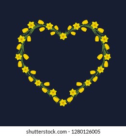 Floral frame in the shape of a heart. Spring flowers. Yellow flowers of tulips and daffodils on a dark blue background. Greeting card template. It can be used as an design element. Vector illustration