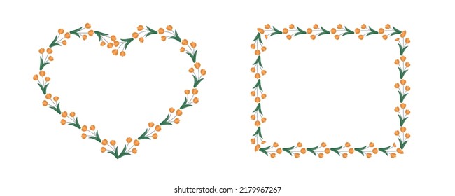 Floral frame in the shape of a heart and a square. Flowers heart frame. Flowers ornament, decorative frame, floral ornament, decorative elements, spring, flowers, buds, leaf, plants, floral decoration