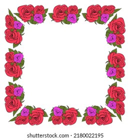 Floral frame in the shape of a square. Red and pink Rose flower square frame. Flowers ornament, decorative frame, floral ornament, decorative elements, spring, flowers, buds, leaf, plants, floral deco