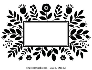 Floral Frame Silhouette with Blank Center, Botanical Border Vector Design