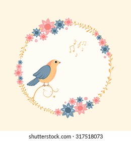 floral frame with singing bird, vector