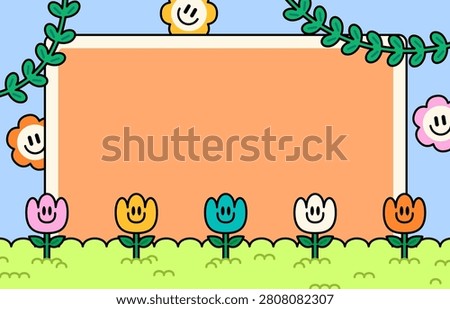 Floral frame with smiling flowers, green leaves, and a large blank space for text. Ideal for spring greetings, invitations, posters, banners, and children's design vector illustration cartoon style