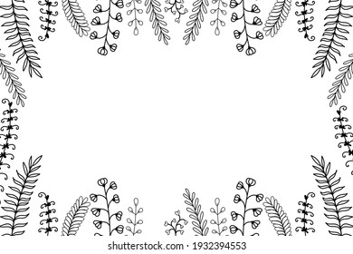 Floral frame with space for text. Exotic flowers, leaves and branches. Backdrop for posters, banners, greeting cards and placards.