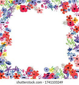 Marco floral. La primavera florece. Borde hecho de flores lindas. Hojas y ramas de flores silvestres. Ilustración vectorial.