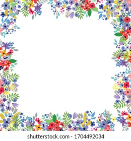 Floral frame. Spring blossom. Square Border made of flowers. Wildflowers leaves and branches. Vector illustration. Nature background. Template for greeting cards or invitations.